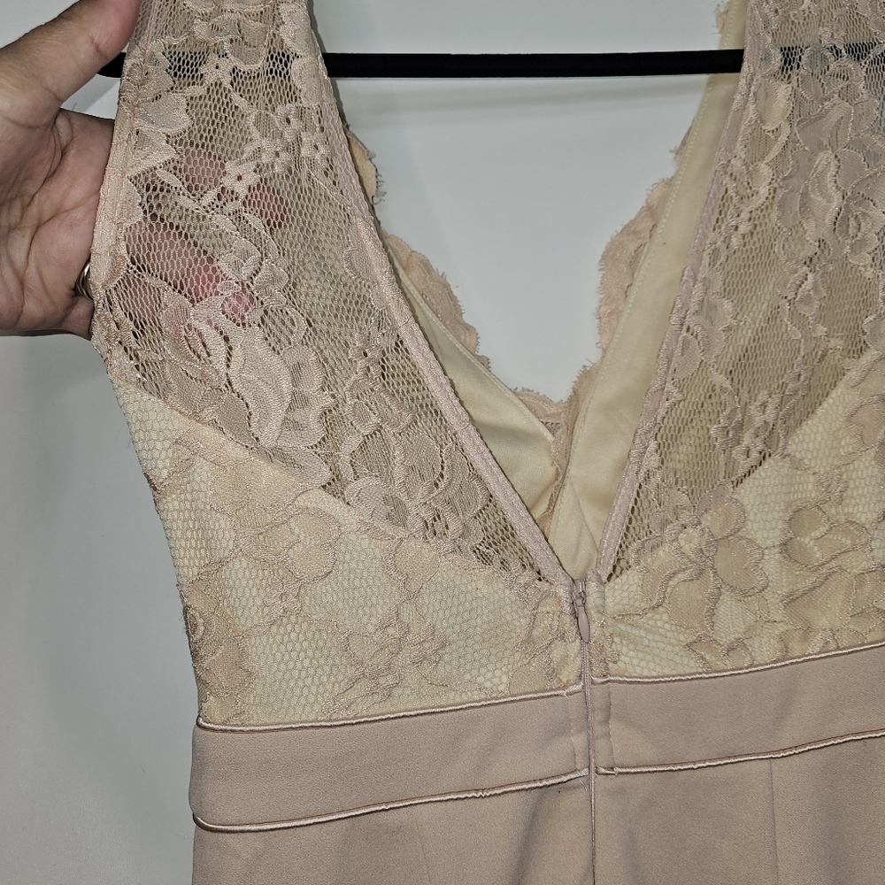 Maniju Blush Beige Scalloped V Neck Lace Sleeveless Top Side Slit Maxi Dress S - Picture 7 of 13